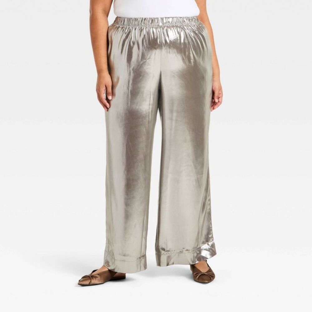 Women's Metallic Foil Pull-On Pants - A New Day Silver XXL
